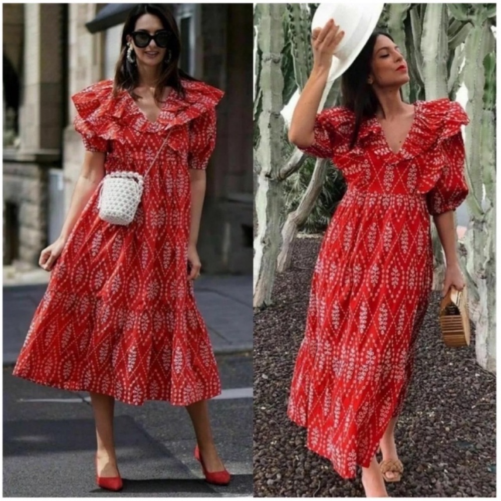 ZARA DRESS WITH CUTWORK EMBROIDERY PUFF SLEEVES MIDI RED - Picture 6 of 15